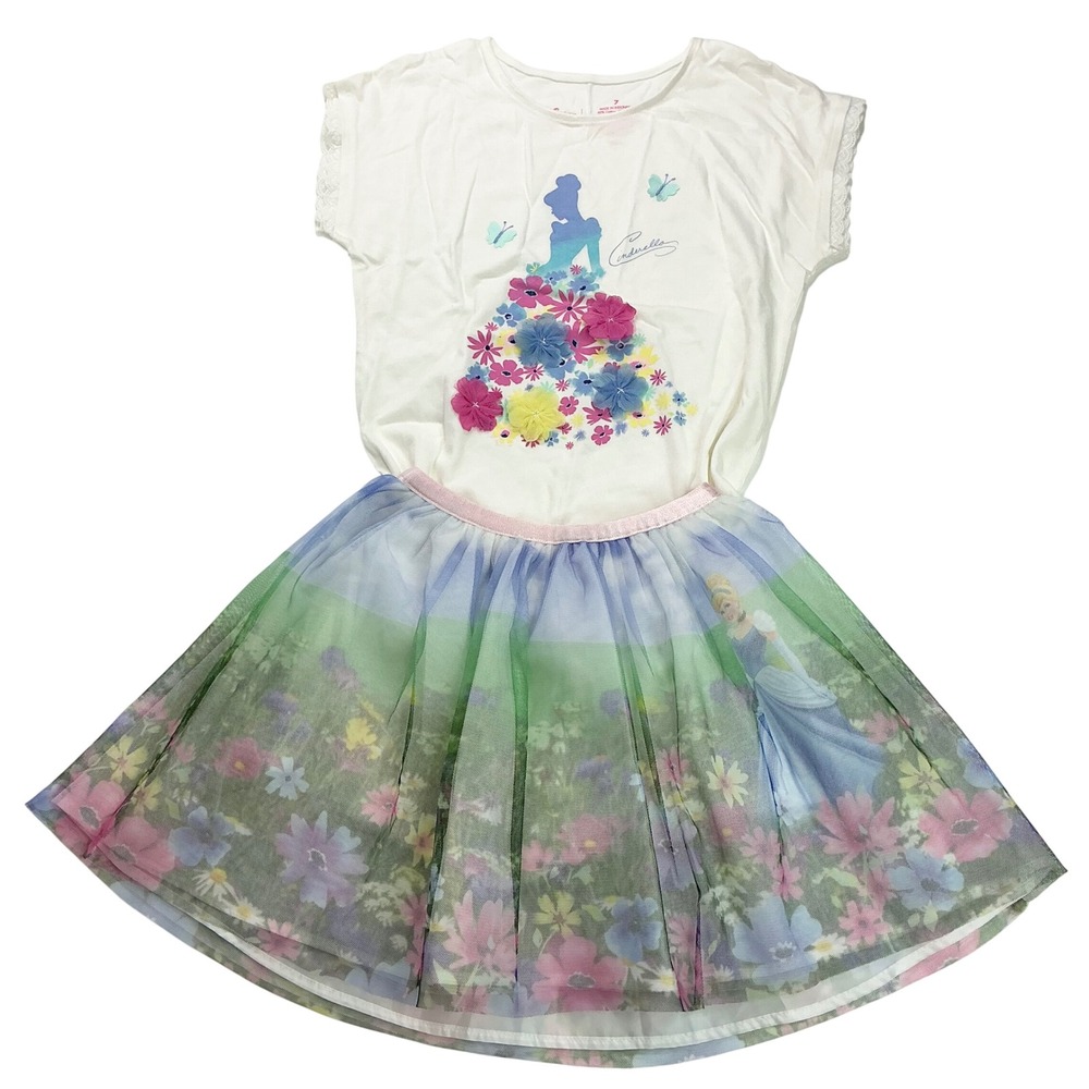 Disney White Cinderella Skort Set Kids 6X 7 Floral 3D Flower Tulle Outfit